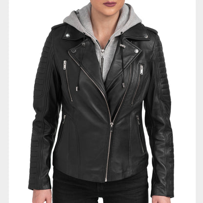 BlackHoodedLeatherJacketWomen