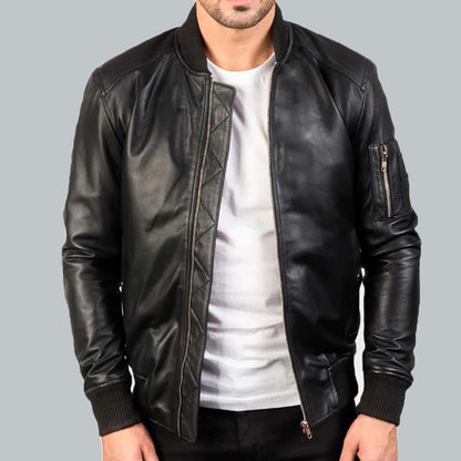 Bomber Leather Jacket Men Black