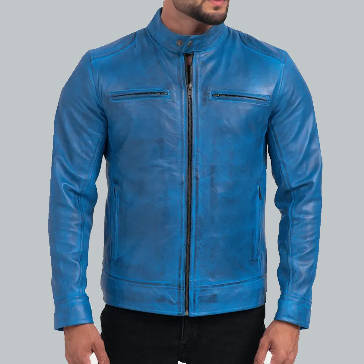 Cafe Racer Blue Leather Jacket Men