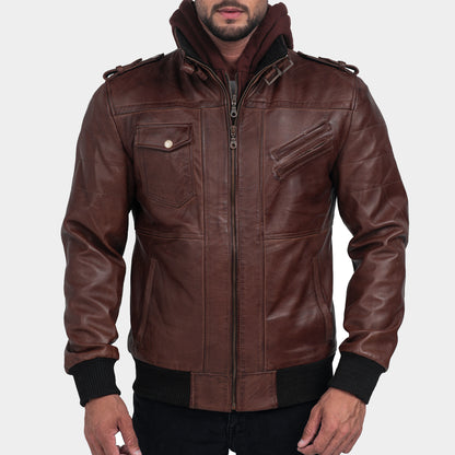 Mens Brown Leather Sheepskin Jacket with Removable Hooded