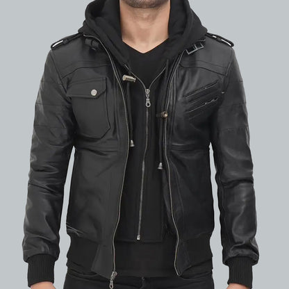 Men Black Leather removeable hooded Jacket