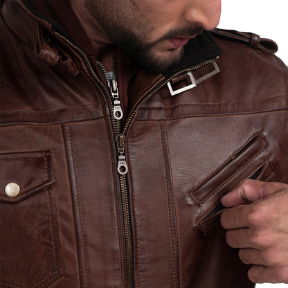 Mens Brown Leather Sheepskin Jacket with Removable Hooded