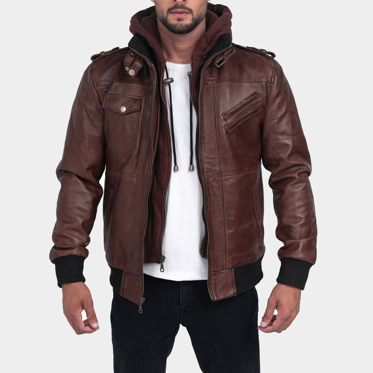 MensBrownLeatherSheepskinJacketwithRemovableHooded