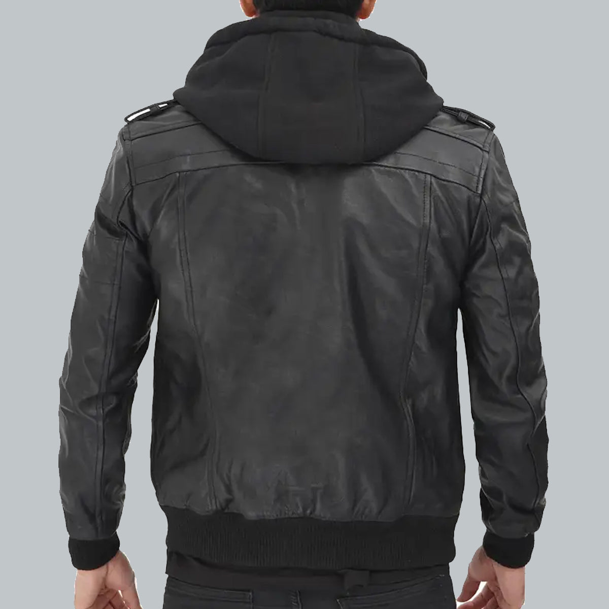 Men Black Leather removeable hooded Jacket